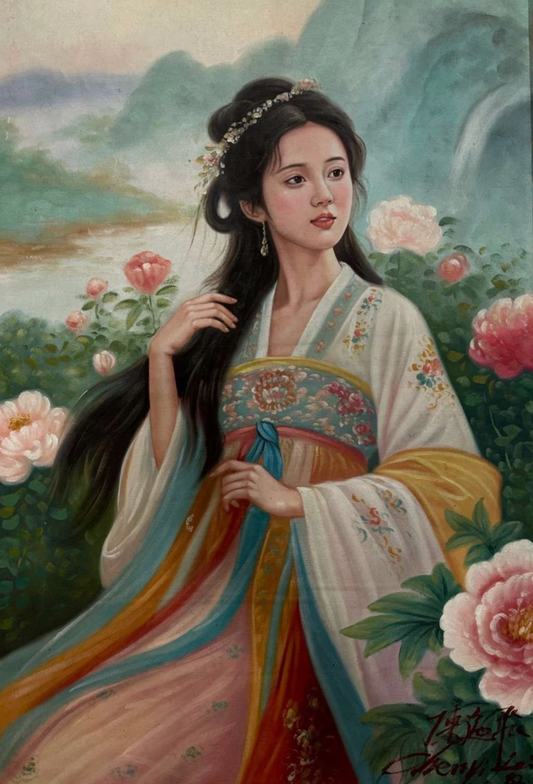 portrait-femme-Peinture à l'huile sur toile "Beauté classique" peinte à la main chinoise par Chen Yifei