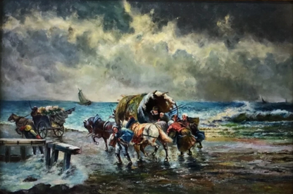 Tableau ancien huile origine tempête sauvage côte mer avec chevaux wagons Ecosse signé