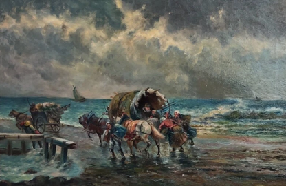 Tableau ancien huile origine tempête sauvage côte mer avec chevaux wagons Ecosse signé