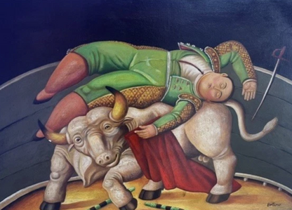 art-decoration-tableau-peinture-huile-toile-scene-corrida-matador-taureau-d'apreès Botero