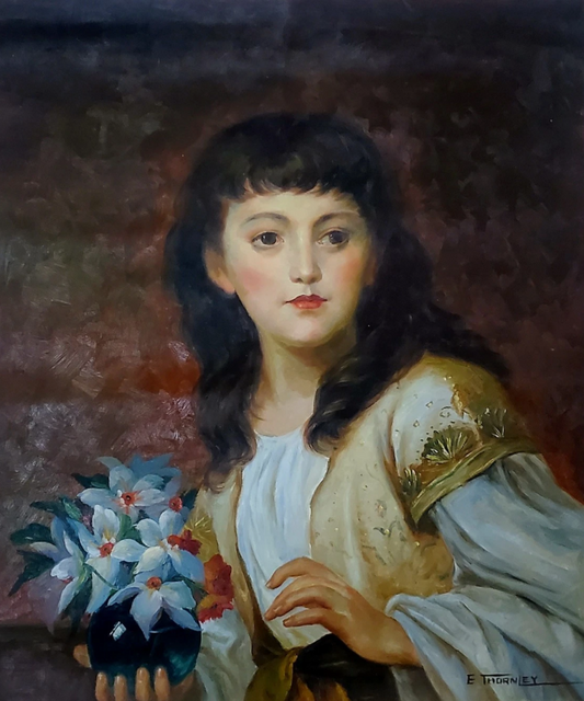 art-decoration-tableau-peinture-huile-toile-portrait jeune fille-fleurs bleues