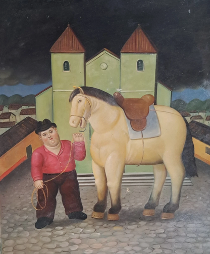 art-decoration-tableau-peinture-huile-toile-scene-homme-cheval-d'apres Botero