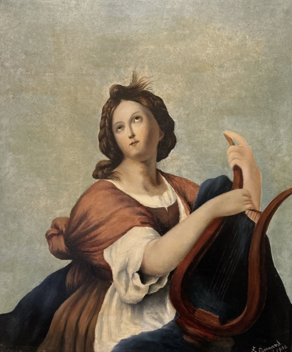 Peinture Ancienne Représentant Une Femme À La Lyre, XIX Eme, Huile Sur Toile