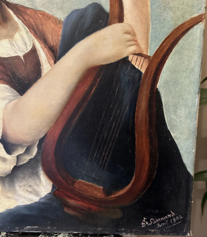 Peinture Ancienne Représentant Une Femme À La Lyre, XIX Eme, Huile Sur Toile