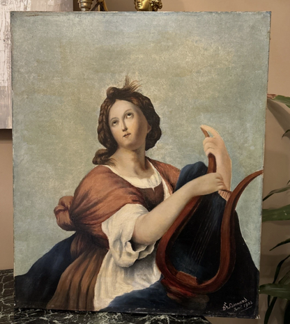 Peinture Ancienne Représentant Une Femme À La Lyre, XIX Eme, Huile Sur Toile