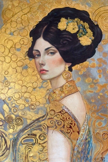 art-decoration-tableau-peinture-huile-toile-portrait-feminin-femme-brune-fleurs-à la manière de Klimt