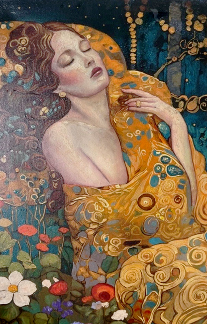 art-decoration-tableau-peinture-huile-toile-portrait-feminin-femme-la belle endormie-à la manière de Klimt