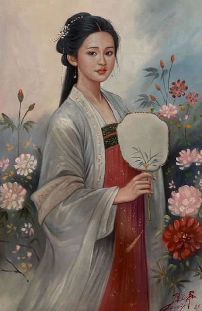 portrait-femme-Peinture à l'huile sur toile "Beauté classique" -éventail-peinte à la main chinoise par Chen Yifei