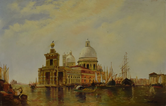 1963, Tableau ancien, "Panorama de Venise", huile, signé