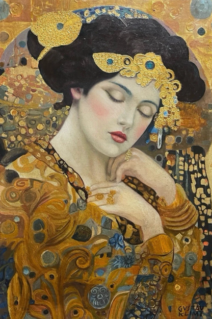 art-decoration-tableau-peinture-huile-toile-portrait-feminin-femme-diademe-à la manière de Klimt