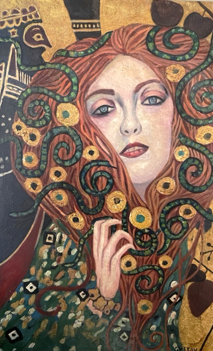 art-decoration-tableau-peinture-huile-toile-portrait-feminin-femme-envoutante-à la manière de Klimt
