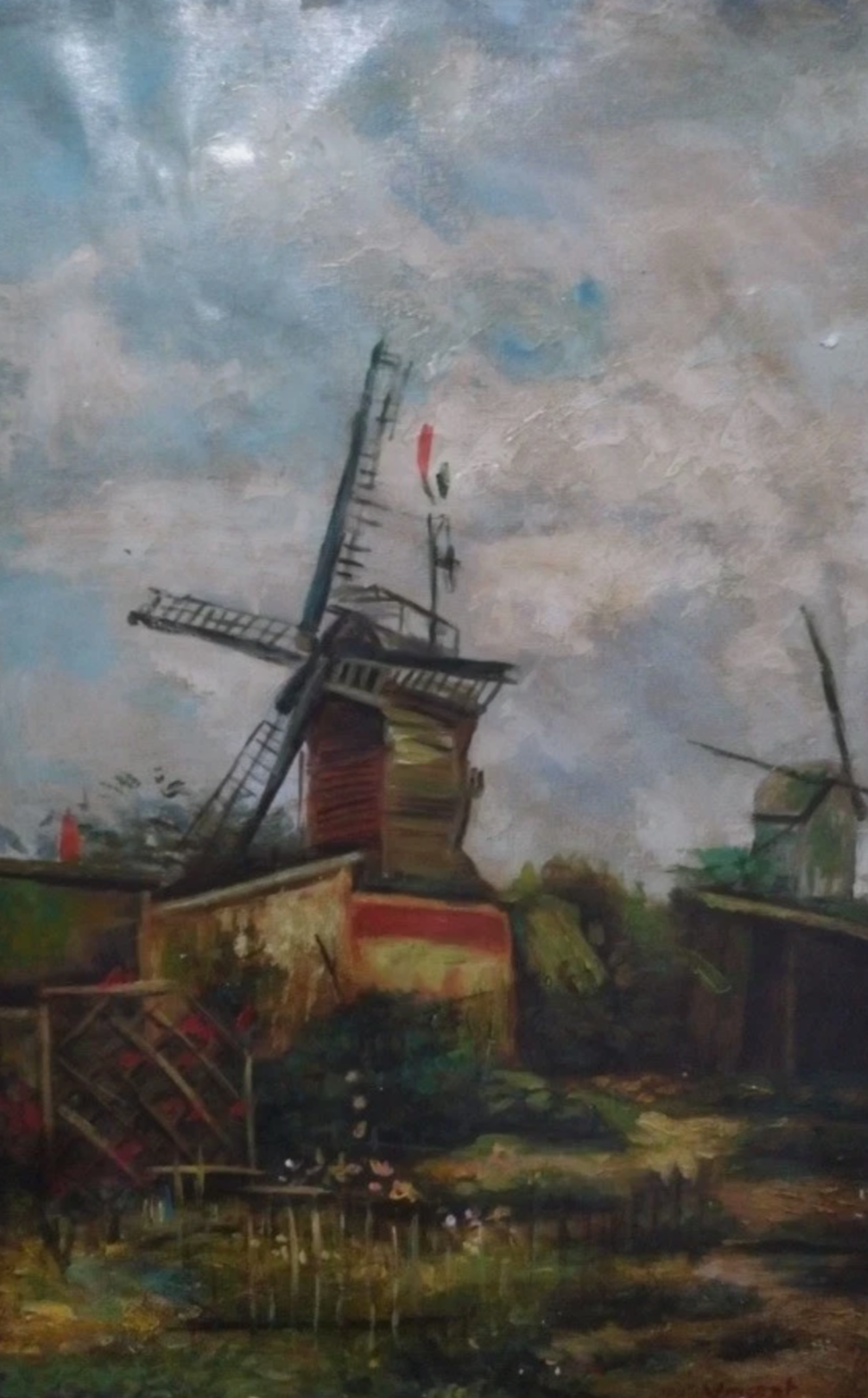 art-decoration-tableau-peinture-huile-toile-paysage-campagne-moulin-vent-d'après Van Gogh