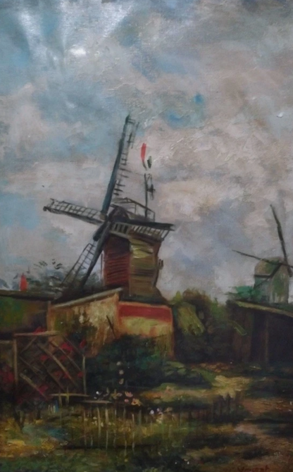 art-decoration-tableau-peinture-huile-toile-paysage-campagne-moulin-vent-d'après Van Gogh