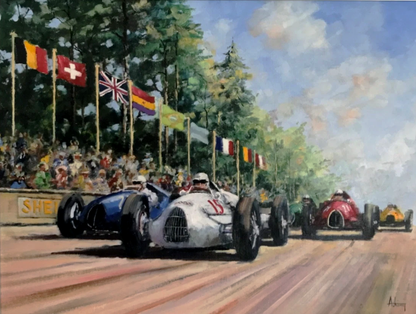 PANNEAU HUILE SUR TOILE SIGNÉ ALAN KING BERND ROSEMEYER 1937 V16 AUTO UNION
