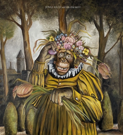 art surréaliste à la manière de Donald Roller Wilson (fait à la main) Huile sur bois