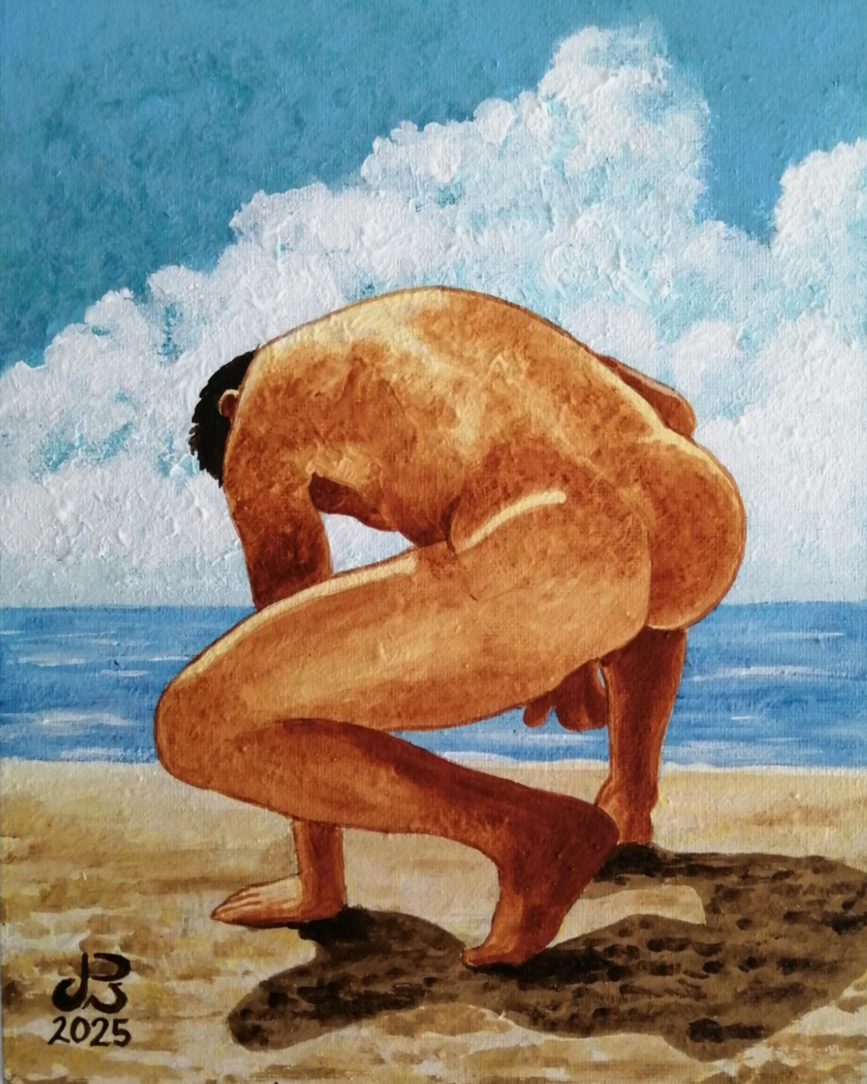 art-decoration-tableau-peinture-huile-toile-portrait-homme-nu-male-plage-"Freedom Beach"