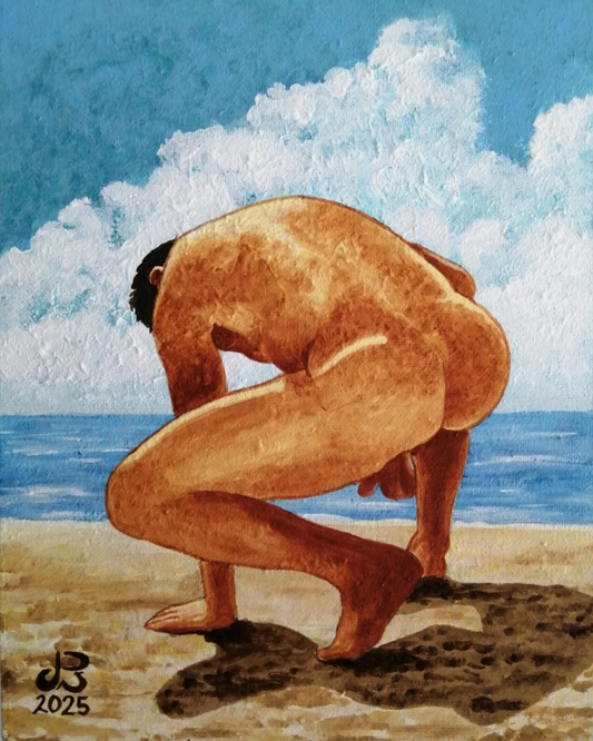 art-decoration-tableau-peinture-huile-toile-portrait-homme-nu-male-plage-"Freedom Beach"