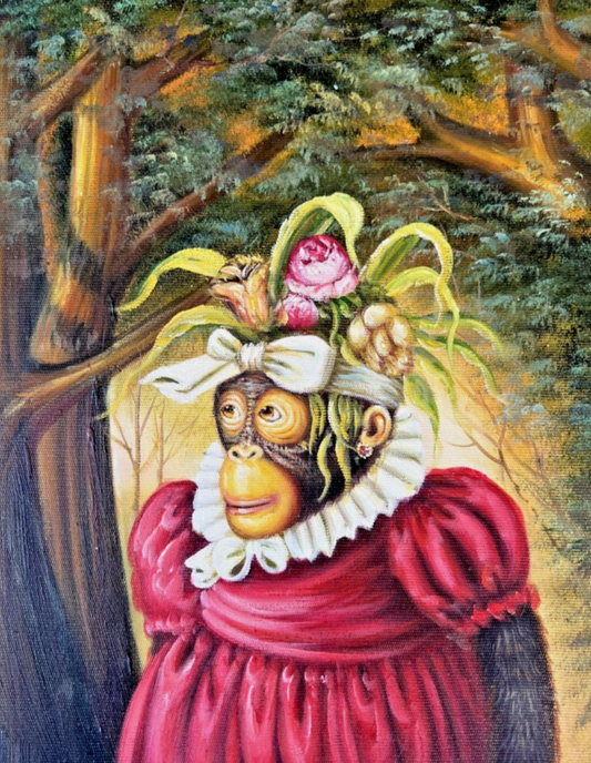 art-decoration-tableau-peinture-huile-toile-surrealisme-portrait-singe-petite-fleurs-fruits-d'apres Donald Roller