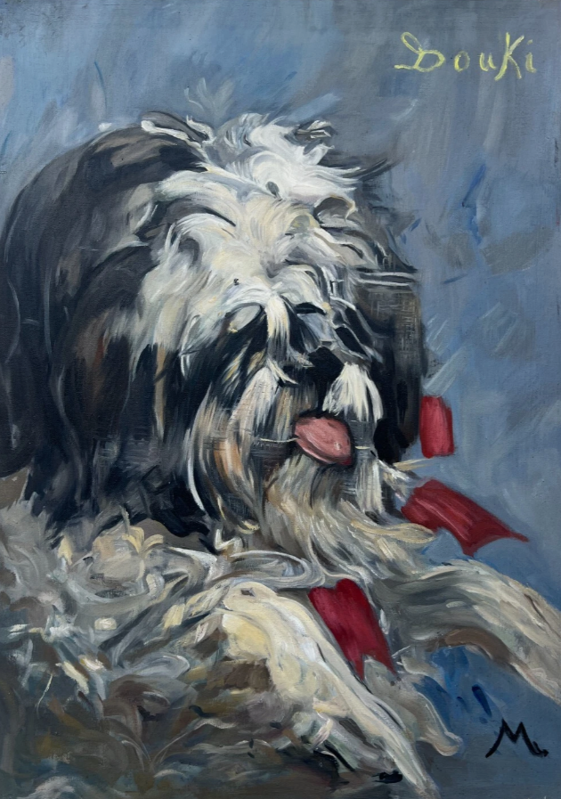 art peinture huile sur toile chien Douki d'après Manet