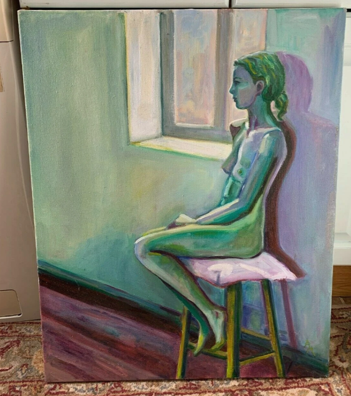 art erotique peinture huile sur toile femme nue sur chaise devant la fenetre
