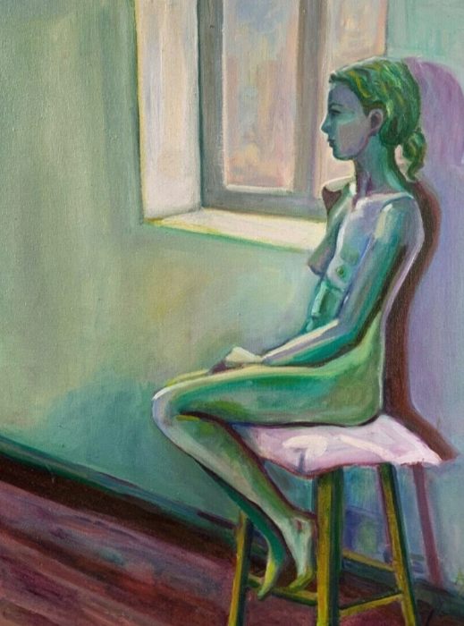 art erotique peinture huile sur toile femme nue sur chaise devant la fenetre