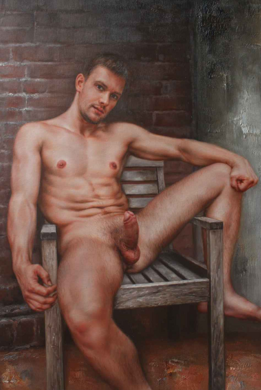 art erotique portrait homme nu intégrale position suggestive originale peinture huile sur toile signée / nude male gay art oil painting on canvas