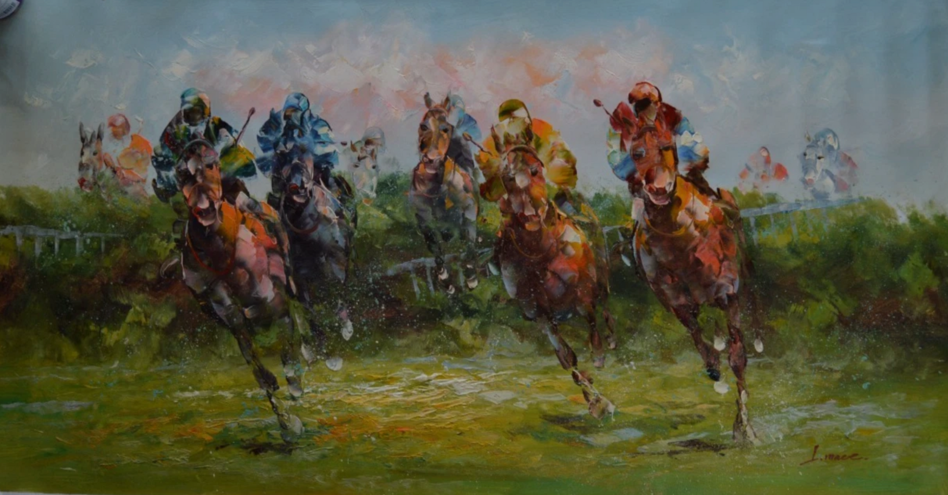 Tableau ancien huile original courses de chevaux derby jockey sur toile impressionniste
