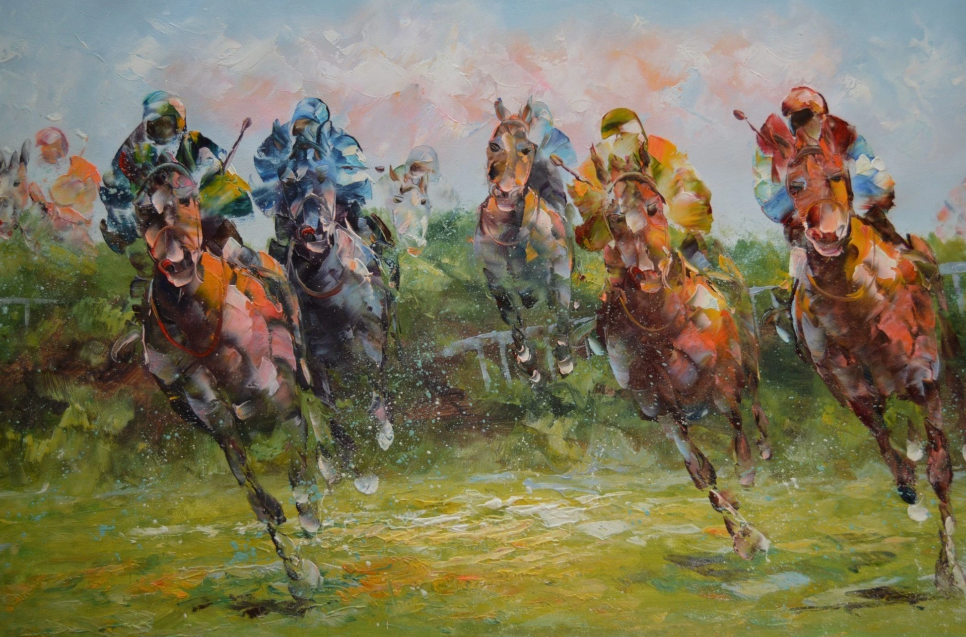 Tableau ancien huile original courses de chevaux derby jockey sur toile impressionniste