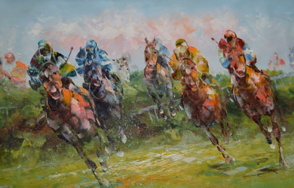 Tableau ancien huile original courses de chevaux derby jockey sur toile impressionniste