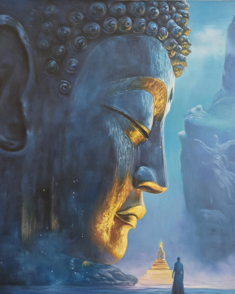 Statue de Bouddha Sutra du Diamant 65 x 80 cm Huile sur toile originale FAITE À LA MAIN