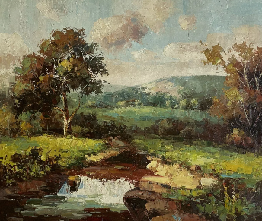 Magnifique peinture à l'huile sur toile paysage rivière country creek