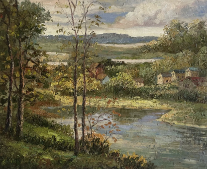 Tableau huile étang de village dans la nature- Échappez-vous dans ce paysage bucolique, où la nature rencontre l'art et offre une sérénité sans fin.