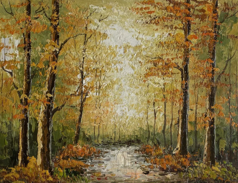 paysage foret en automne huile sur toile-Échappez-vous dans la forêt enchantée où les arbres dorés vous accueillent avec chaleur et sérénité.