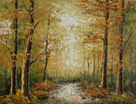 paysage foret en automne huile sur toile-Échappez-vous dans la forêt enchantée où les arbres dorés vous accueillent avec chaleur et sérénité.