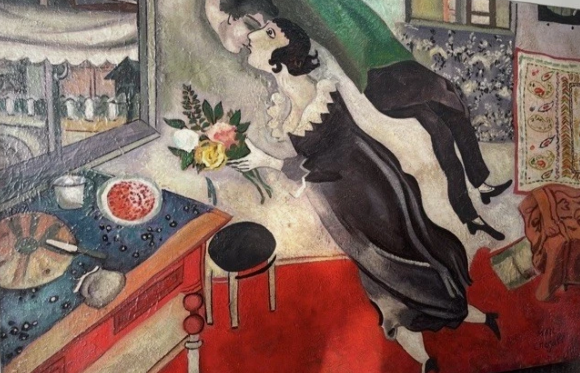 reproduction inspirée de Chagall huile sur toile-L'amour, c'est voler ensemble au-dessus du quotidien. Une œuvre qui célèbre la passion et la joie de vivre.