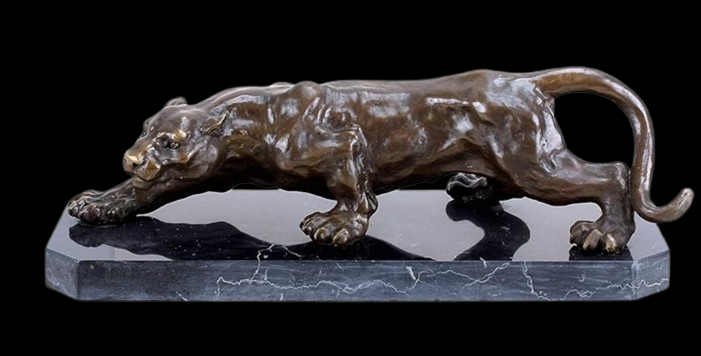 bronze de luxe panthère bronze / noir 42,8 x 14,9 x H. 13,8 cm - Élégante sculpture en bronze avec socle en marbre