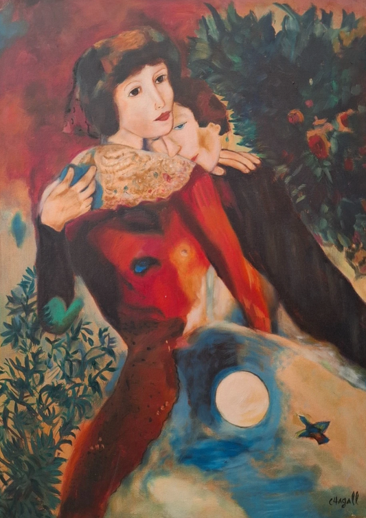 art-decoration-tableau-peinture-huile-toile-scene-personnages-les amants-d'après chagall