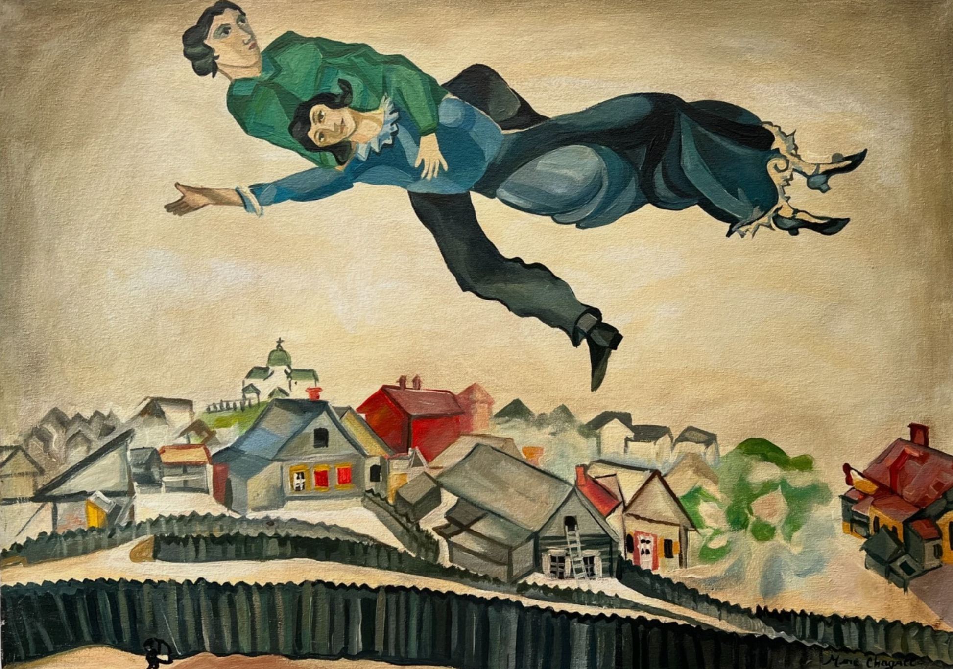 art-decoration-tableau-peinture-huile-toile-scene-personnages-vol au dessus de la ville-d'après chagall