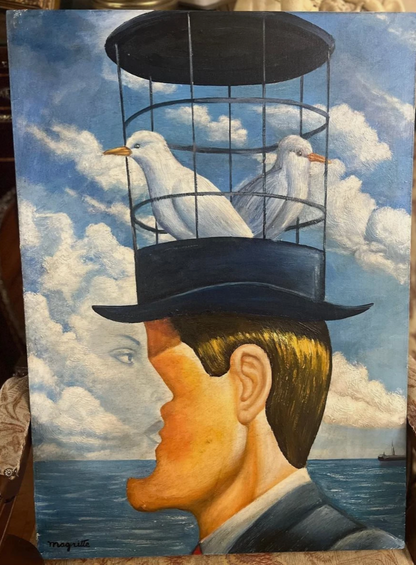 art-surréalisme-portrait-deux têtes-colombe-peinture-huile sur toile-d'apres Magritte