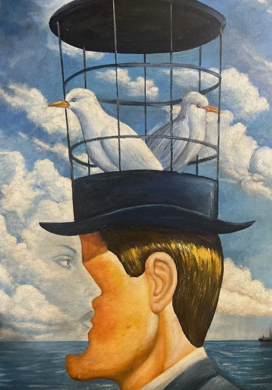 art-surréalisme-portrait-deux têtes-colombe-peinture-huile sur toile-d'apres Magritte