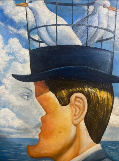 art-surréalisme-portrait-deux têtes-colombe-peinture-huile sur toile-d'apres Magritte