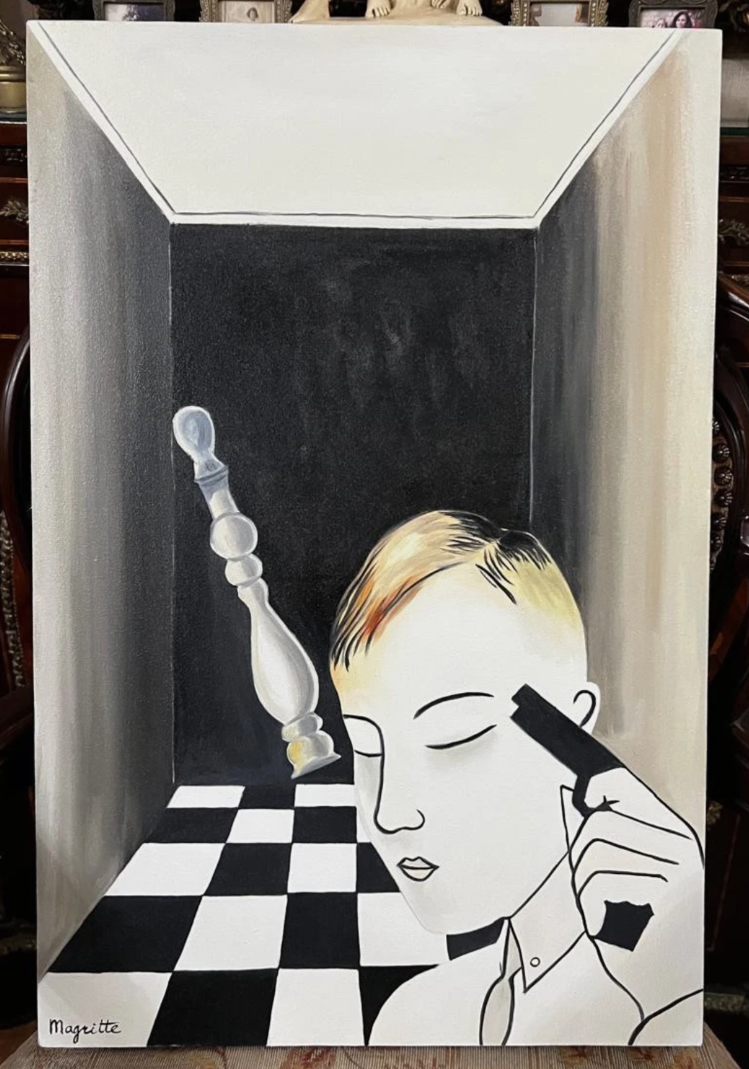 art surréaliste peinture huile sur toile échec et mat d'après Magritte