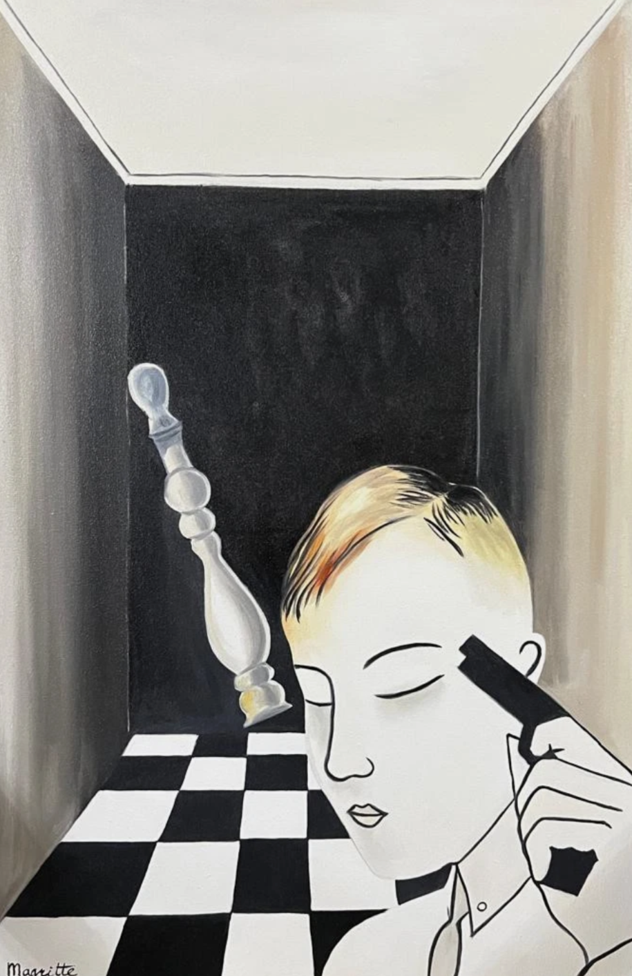art surréaliste peinture huile sur toile échec et mat d'après Magritte