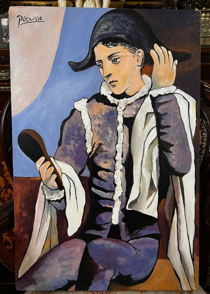 art-decoration-tableau-peinture-huile-toile-portrait-masculin-Arlequin-à la manière de Picasso