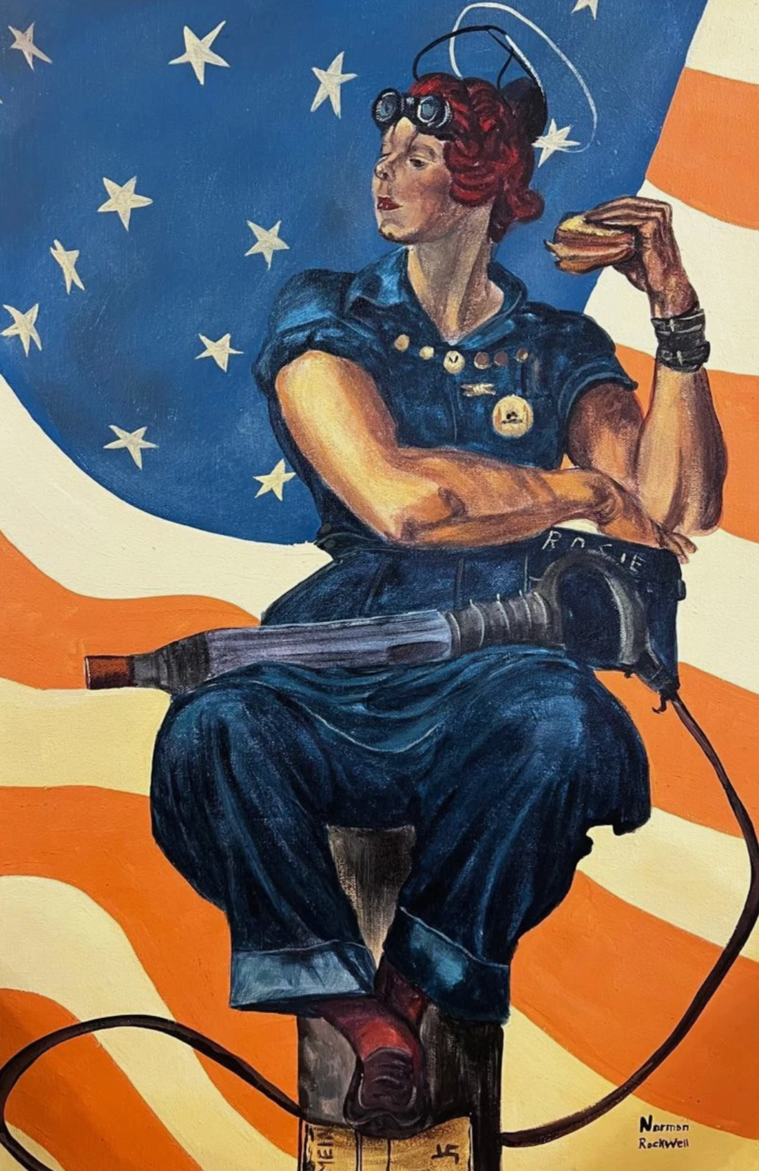 portrait la pause d'après Rockwel tableau peinture huile sur toile signée