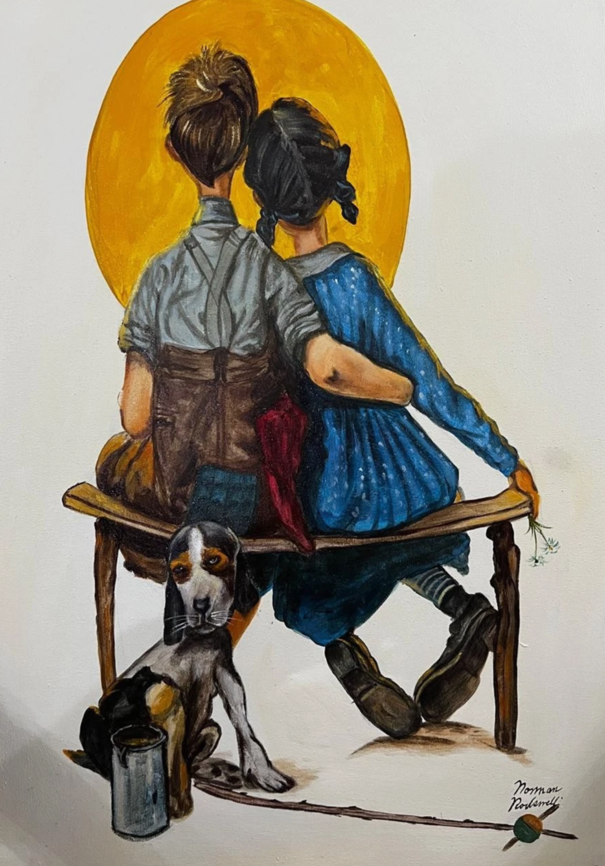 art-decoration-tableau-peinture-huile-toile-scene-genre-personnages-enfant-chien