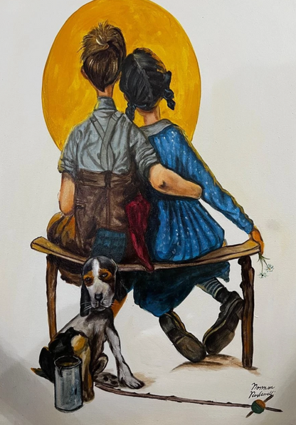 art-decoration-tableau-peinture-huile-toile-scene-genre-personnages-enfant-chien