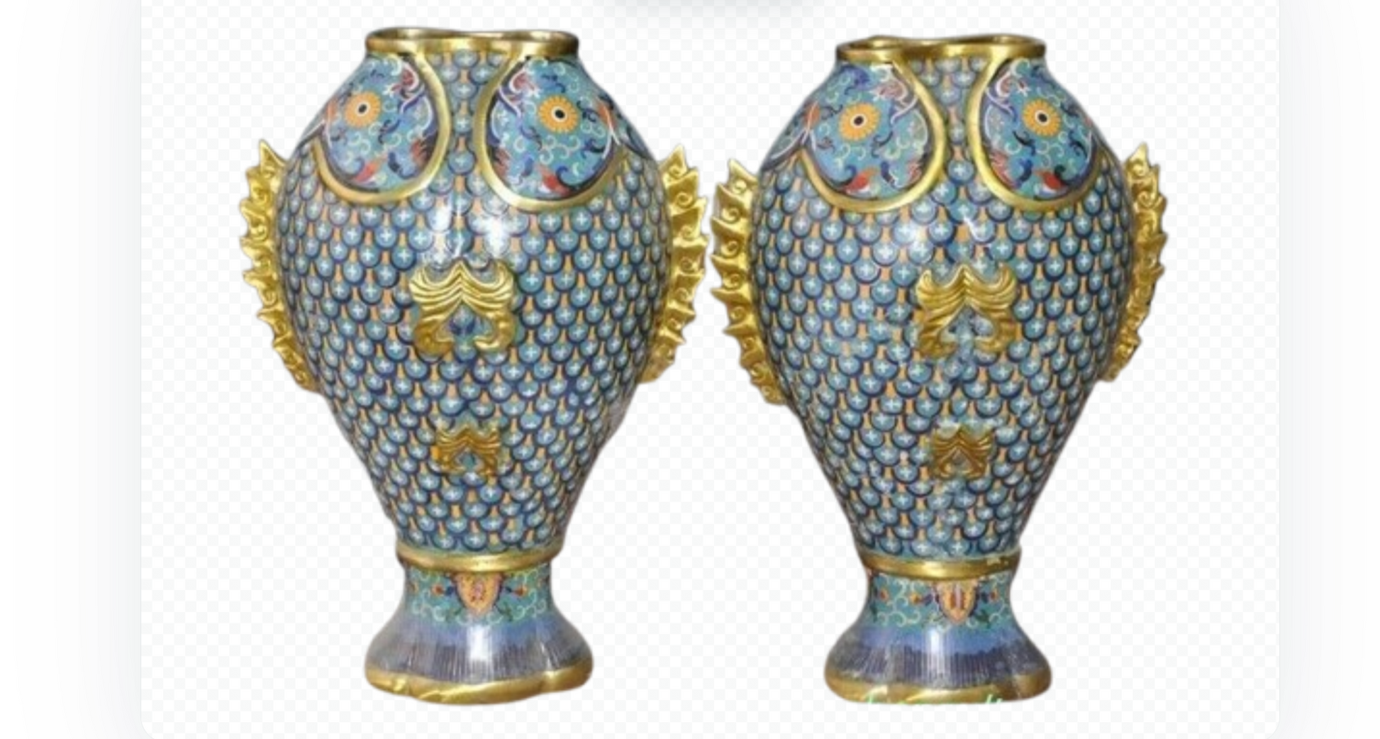 PAIRE VASES bronze cloisonné or 24 carats poisson doré Zun