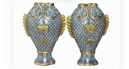 PAIRE VASES bronze cloisonné or 24 carats poisson doré Zun