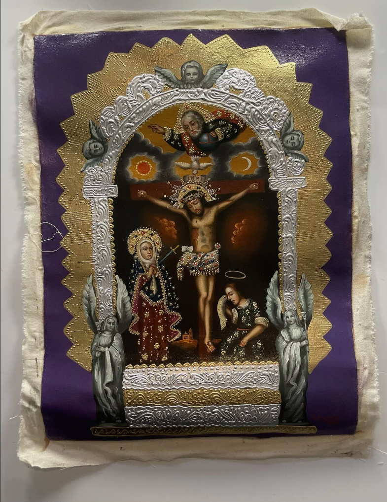 Tableau huile original école Jésus Christ crucifixion